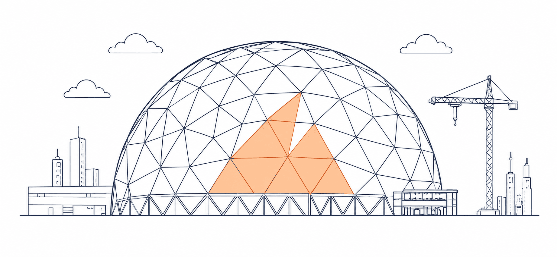Geodesic dome with installed pieces highlighted
