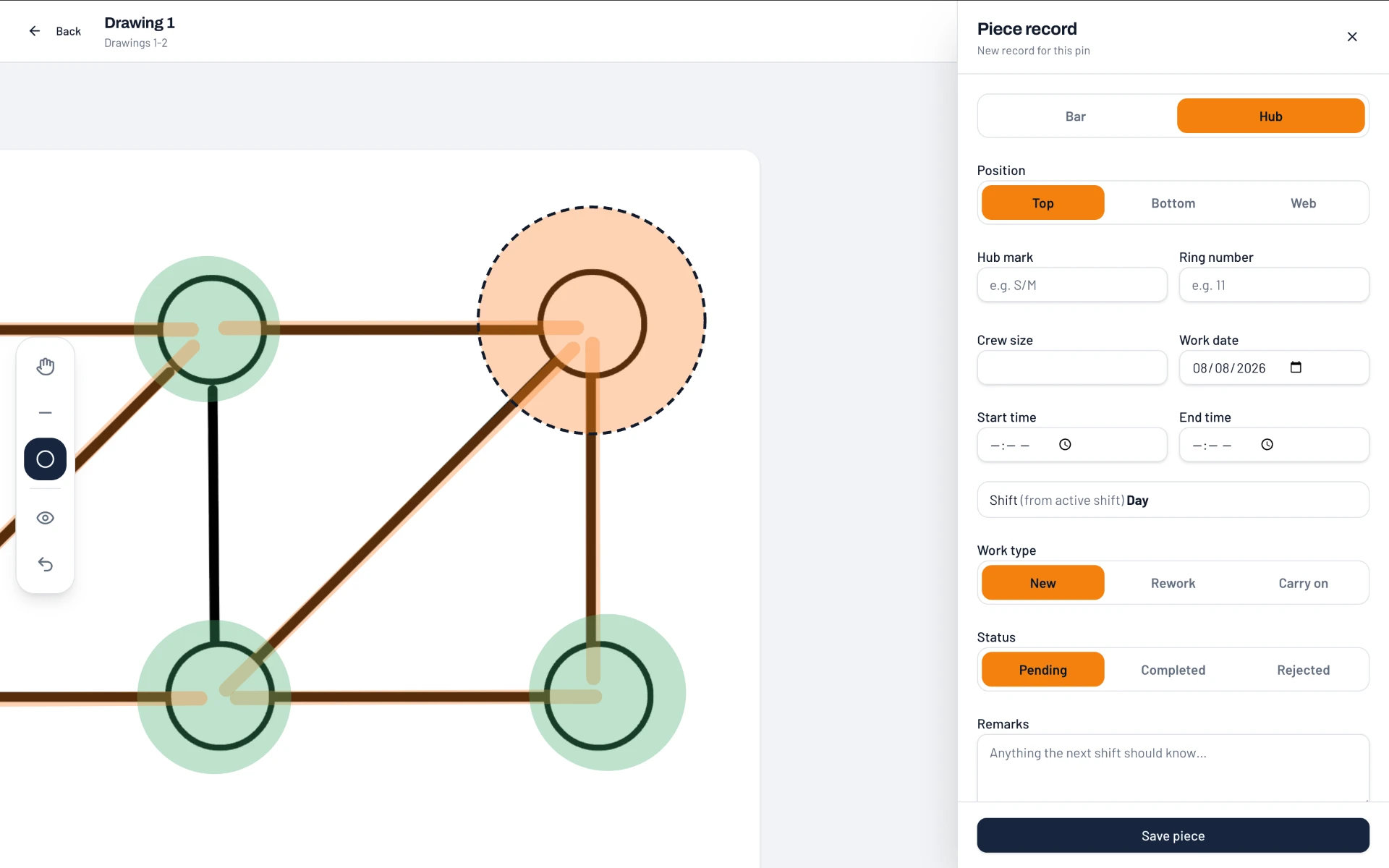 DomeBuilder drawing viewer with a piece record panel open beside the pinned drawing