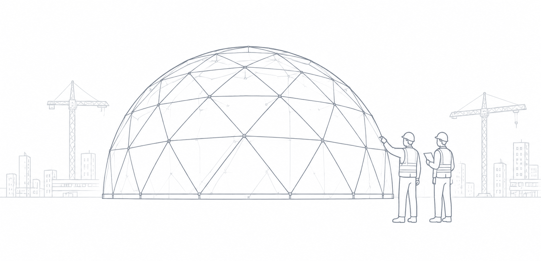 Geodesic dome under construction with crew and cranes