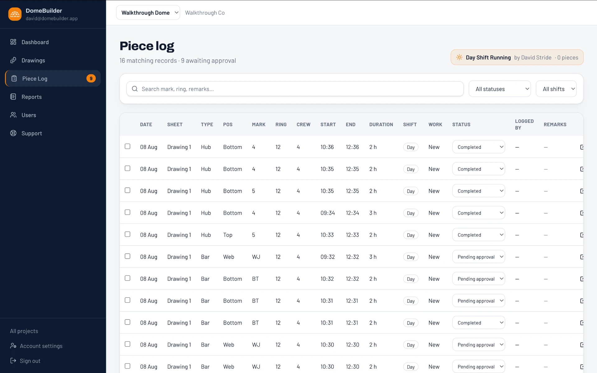 DomeBuilder piece log table showing logged pieces with shift, duration and status